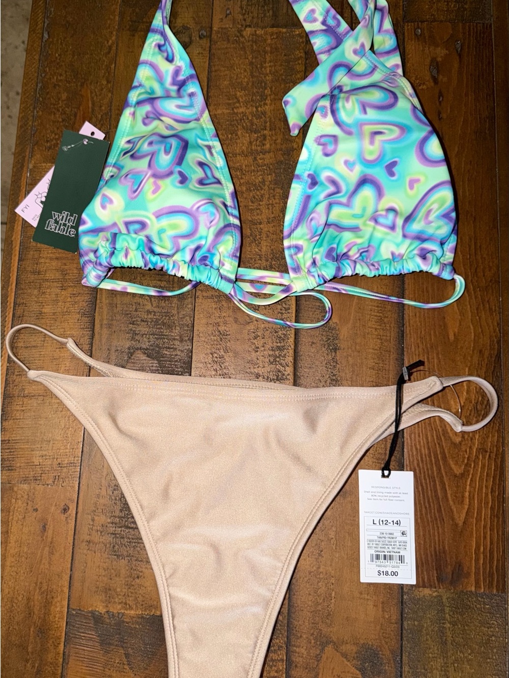 Target Women's Aqua Purple Swirl Triangle Bikini Top with Beige Bottom